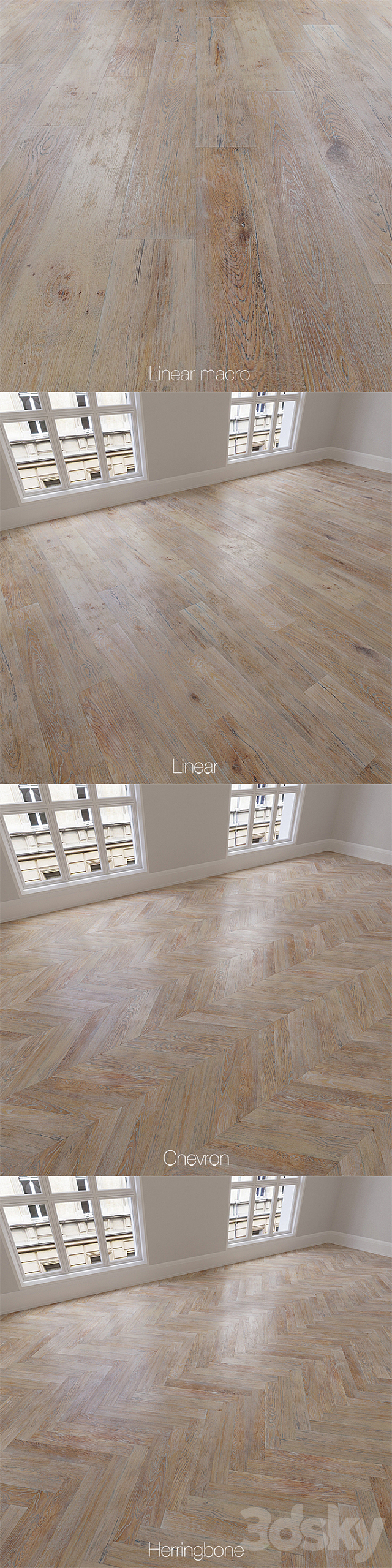 Parquet natural oak Scandinavian 3 types. Linear chevron herringbone. 3ds Max - thumbnail 2