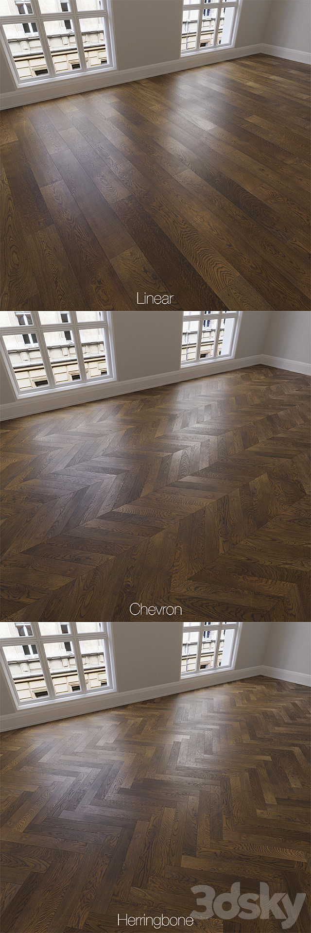 Parquet natural oak smoked 3 kinds. Linear chevron herringbone. 3DS Max Model - thumbnail 2