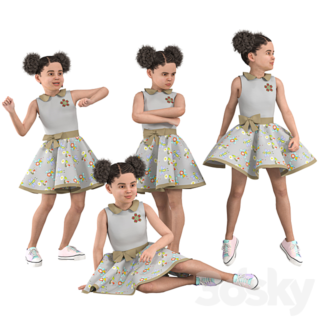 Child Girl in 4 Poses 3ds Max - thumbnail 1