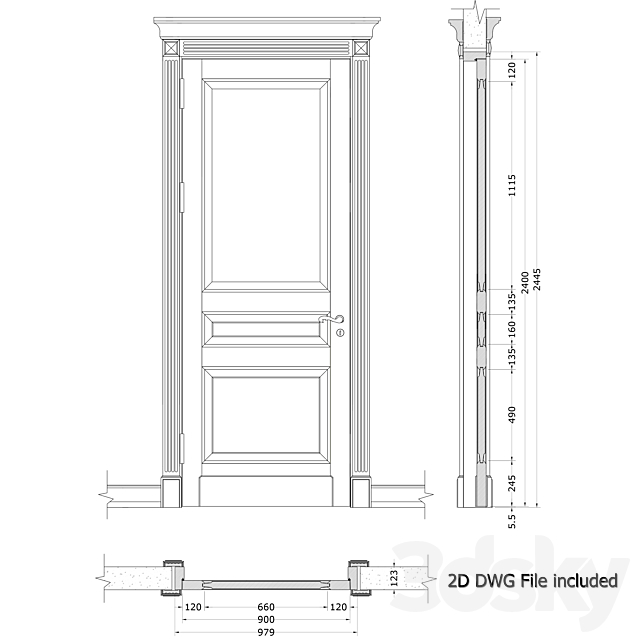 Classic door with cornice + 2D DWG File 3DS Max Model - thumbnail 3