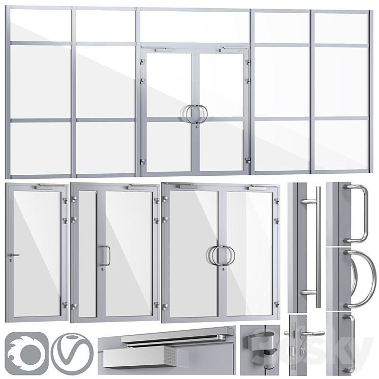 Glass fire doors and partitions a set of handles 3DS Max - thumbnail 1