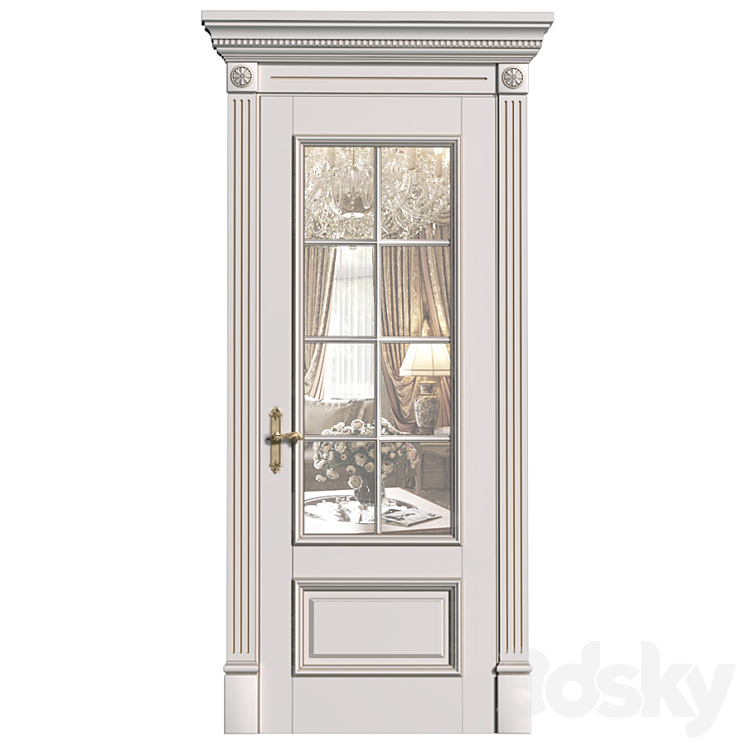 White interior door in classic style with glass. Classic interior door 3DS Max - thumbnail 1