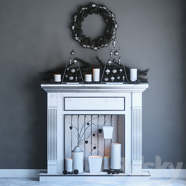 Artificial fireplace with candles and Christmas decorations 3DS Max Model - thumbnail 3