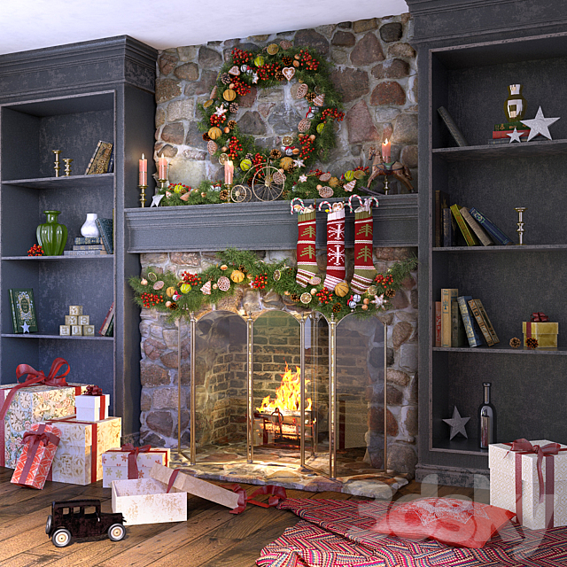 Christmas decoration fireplace 3ds Max - thumbnail 1