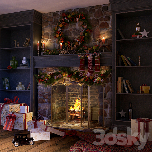 Christmas decoration fireplace 3ds Max - thumbnail 2