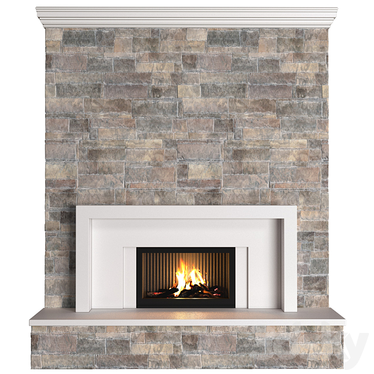 classic style Fireplace with stone wall.Stonework Fireplace modern ArtDeco 3DS Max Model - thumbnail 1