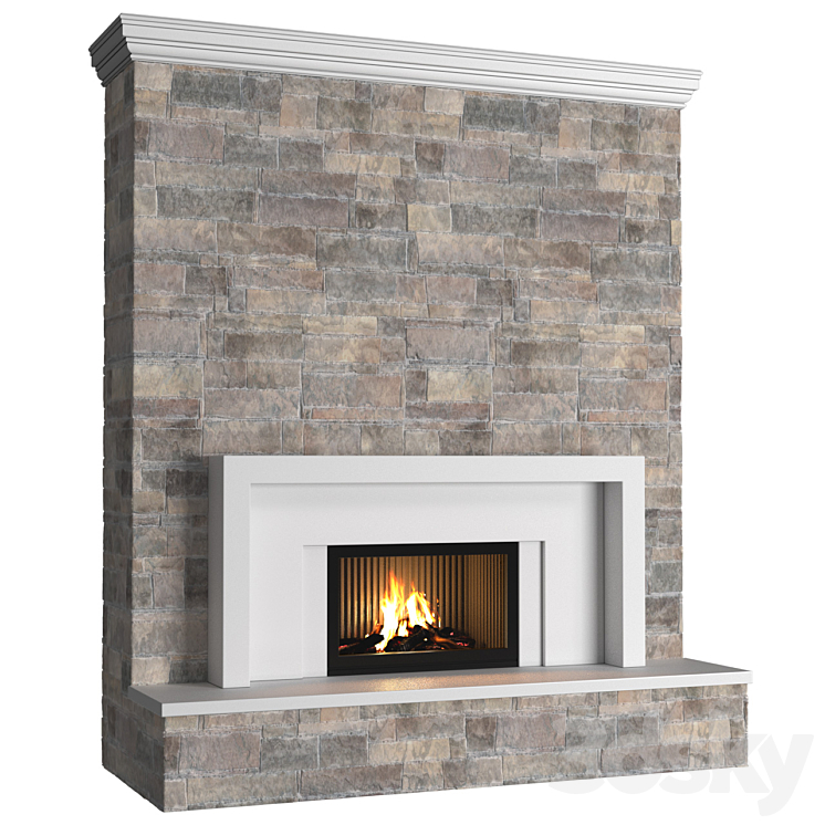 classic style Fireplace with stone wall.Stonework Fireplace modern ArtDeco 3DS Max Model - thumbnail 2