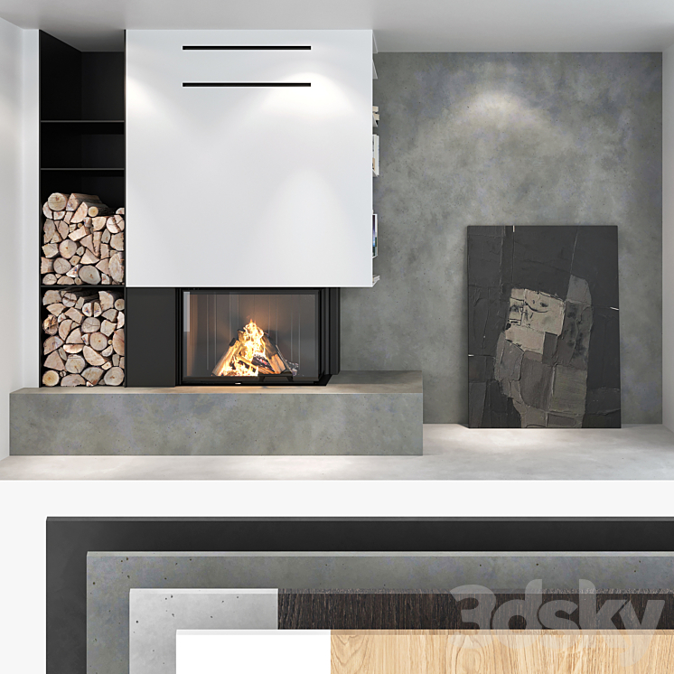 Decorative wall with fireplace set 02 3DS Max - thumbnail 1