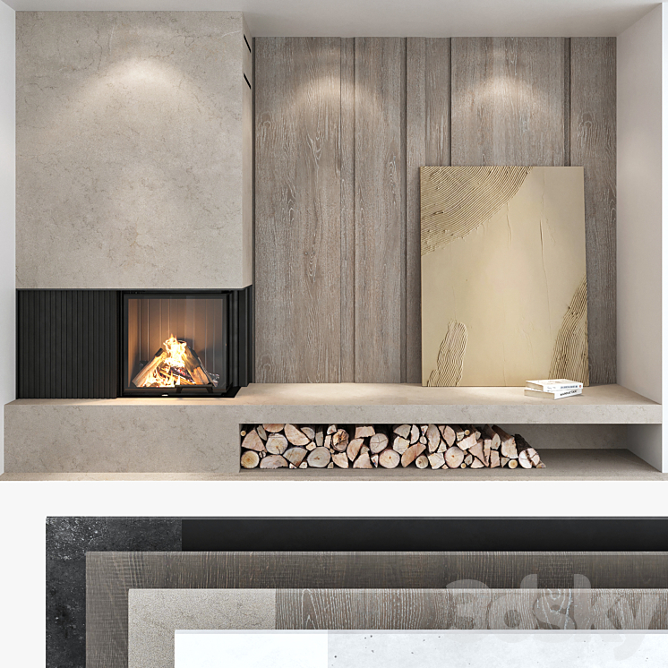 Decorative wall with fireplace set 03 3DS Max - thumbnail 1