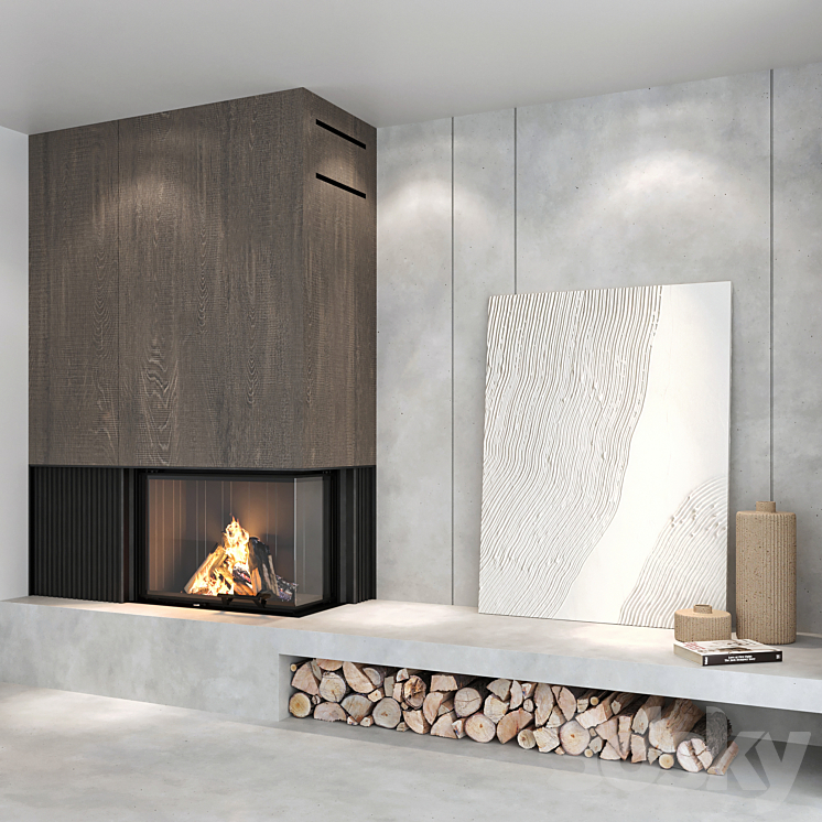 Decorative wall with fireplace set 03 3DS Max - thumbnail 2