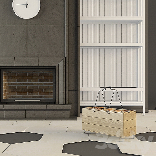 Modern fireplace and shelves 3DSMax File - thumbnail 3