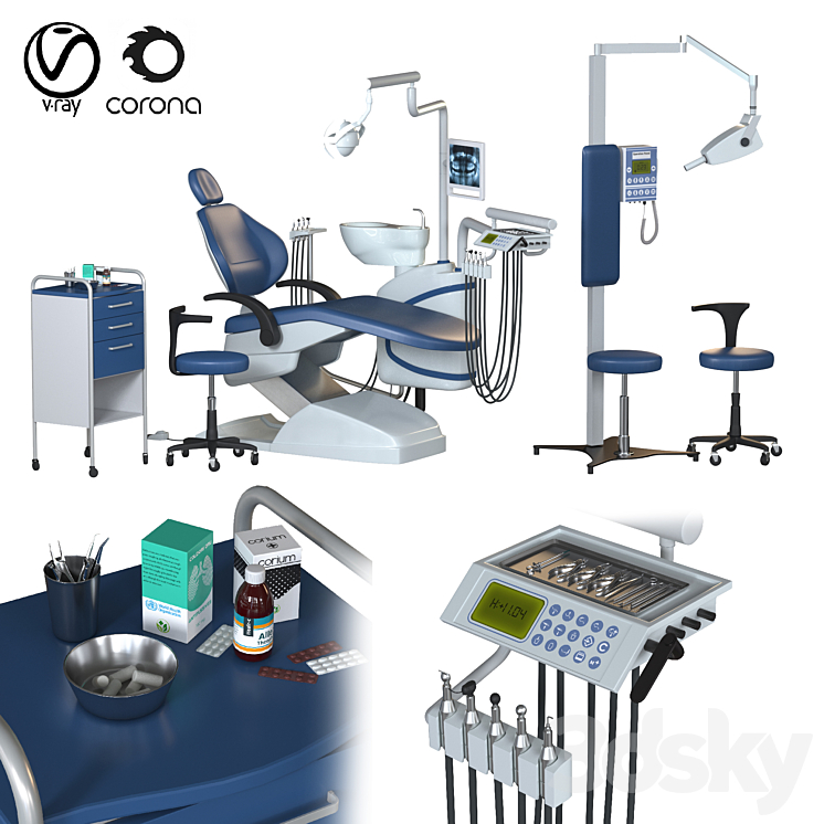 dental chair unit set (hospital equipment VOL 3) 3DS Max Model - thumbnail 1