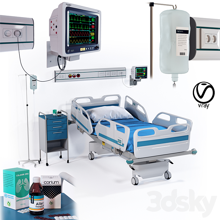 hospital patient electrical bed-vray 3DS Max Model - thumbnail 1