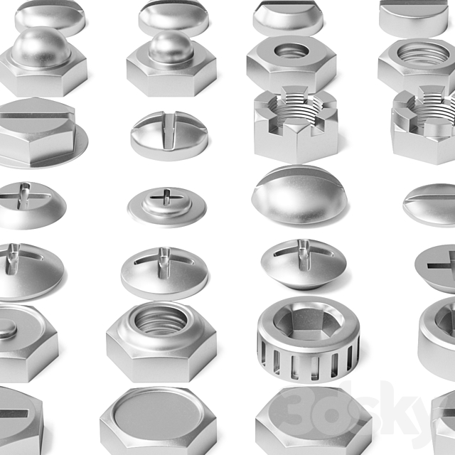 Set of nuts bolts washers 3DS Max Model - thumbnail 3