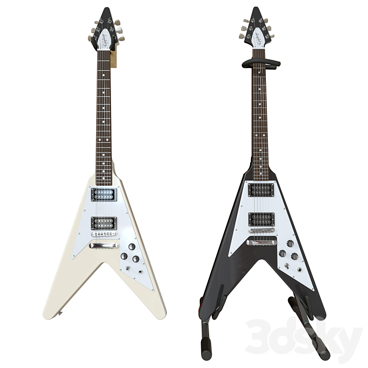 Electric Guitar Gibson Epiphone Flying V style black and beige 3DS Max - thumbnail 1