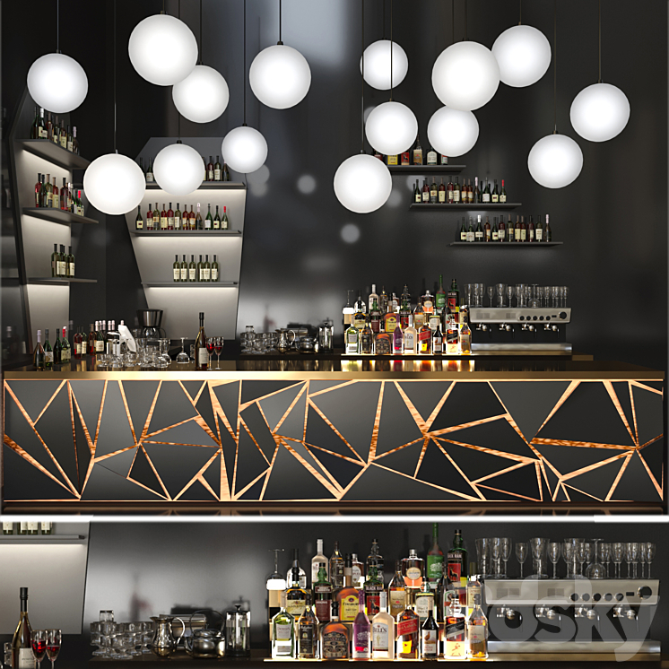 A bar counter with a beautiful backlight and a collection of alcohol. Restaurant 3DS Max - thumbnail 1