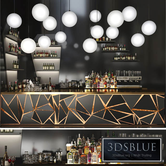 A bar counter with a beautiful backlight and a collection of alcohol. Restaurant 3DS Max - thumbnail 3