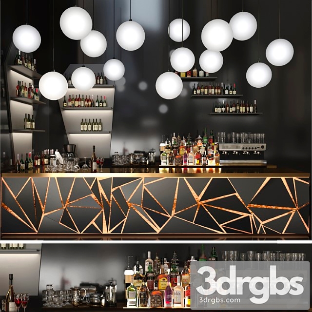 A bar counter with a beautiful backlight and a collection of alcohol restaurant 3dsmax Download - thumbnail 1