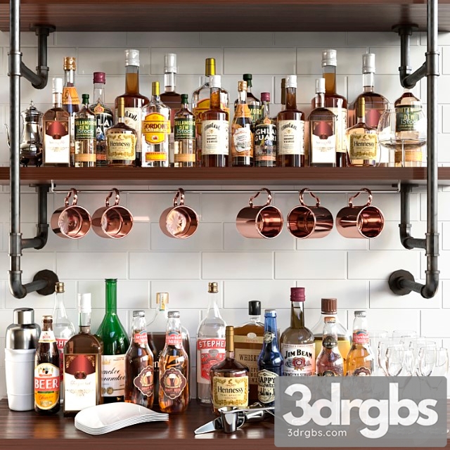 A collection of alcoholic drinks with a copper accent alcohol 15 3dsmax Download - thumbnail 1