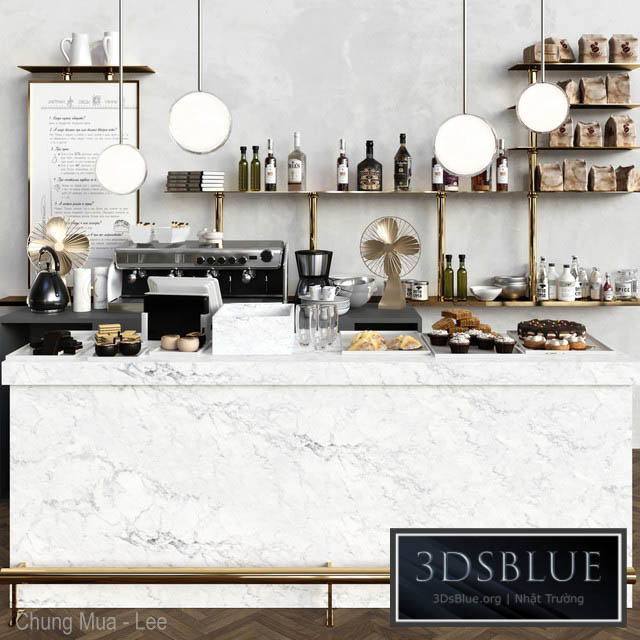 A modern cafe with a marble counter and desserts. Coffee house cake 3DS Max - thumbnail 3