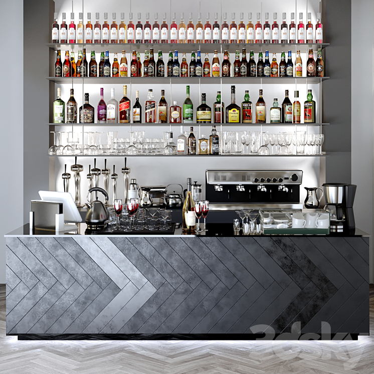 Bar counter with a collection of alcohol. Alcohol bar 3DS Max - thumbnail 1