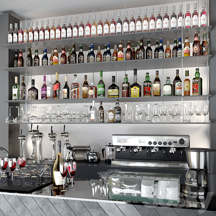 Bar counter with a collection of alcohol. Alcohol bar 3DS Max - thumbnail 2