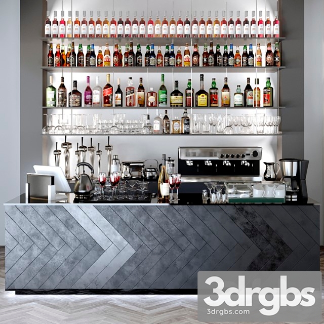 Bar counter with a collection of alcohol bar 3dsmax Download - thumbnail 1