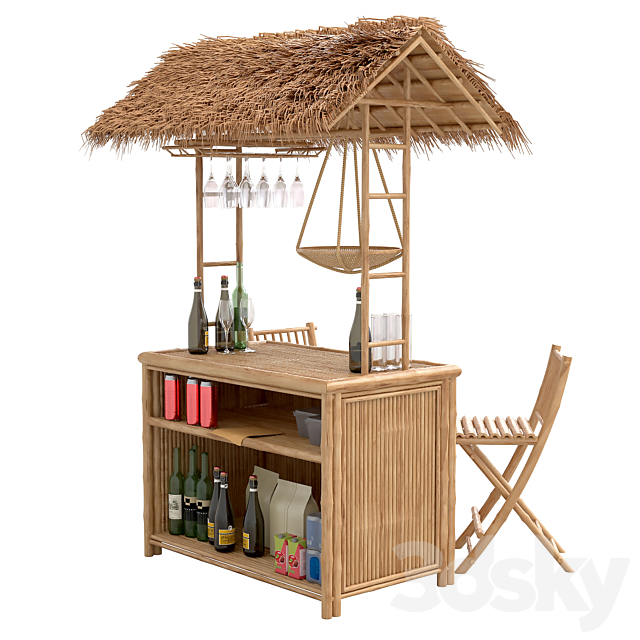 Beach Bamboo Bar with bottles and glasses 3DS Max Model - thumbnail 4