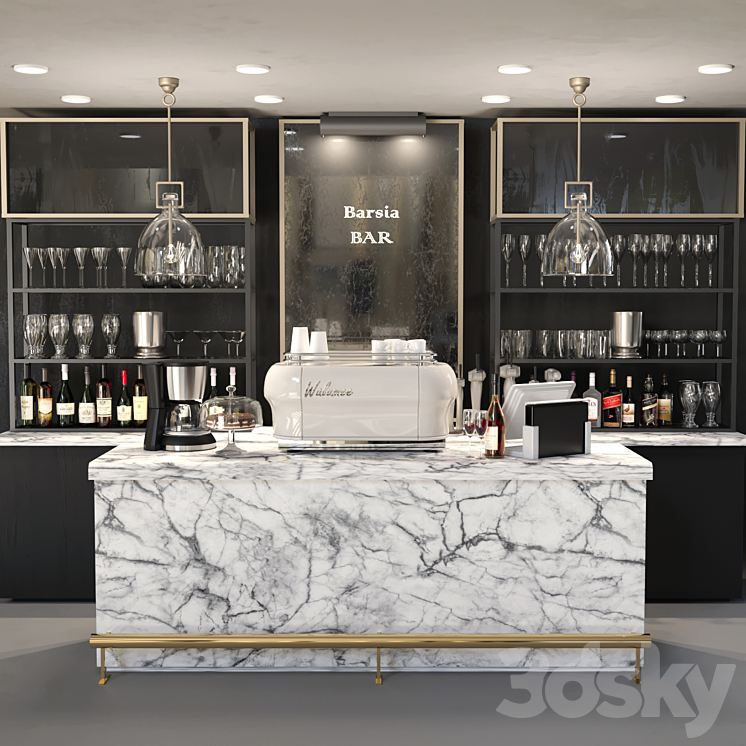 Design project of a bar with a marble bar and wine. Alcohol 3DS Max - thumbnail 1