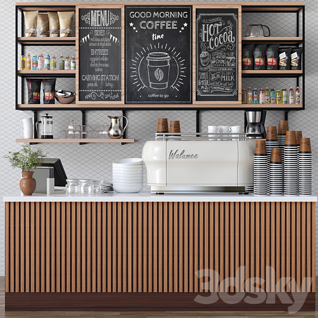 Design project of a cafe in ethnic style with a coffee machine and accessories on the shelves 3DSMax File - thumbnail 1