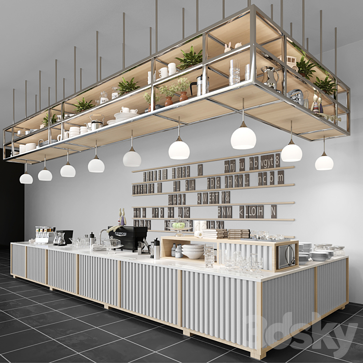 Design project of a coffee house in loft style with a coffee machine and dishes. Cafe 3DS Max - thumbnail 1