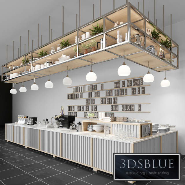 Design project of a coffee house in loft style with a coffee machine and dishes. Cafe 3DS Max - thumbnail 3