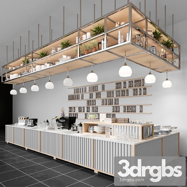 Design project of a coffee house in loft style with a coffee machine and dishes. cafe 3dsmax Download - thumbnail 1