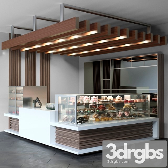 Design project of a coffee point with a confectionery showcase and desserts. cafe 3dsmax Download - thumbnail 1