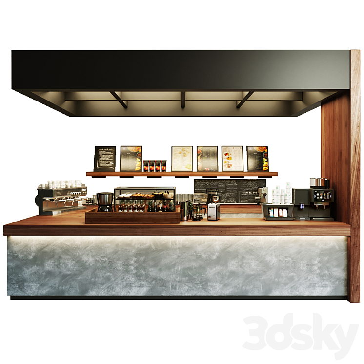 Design project of a coffee shop with a showcase with desserts and sweets and a coffee machine. Cafe 3DS Max Model - thumbnail 1