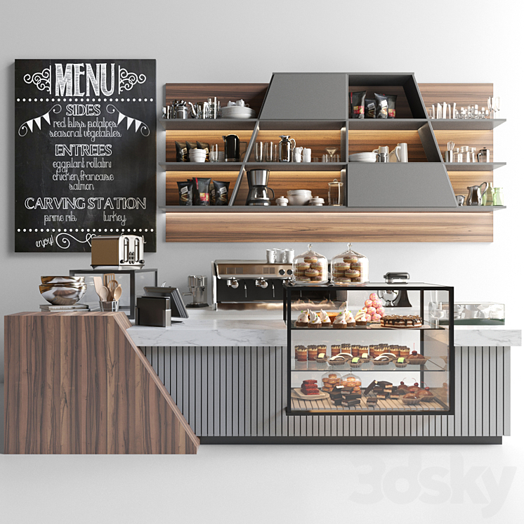 Design project of coffee point in loft style with desserts and sweets. Cafe 3DS Max - thumbnail 1