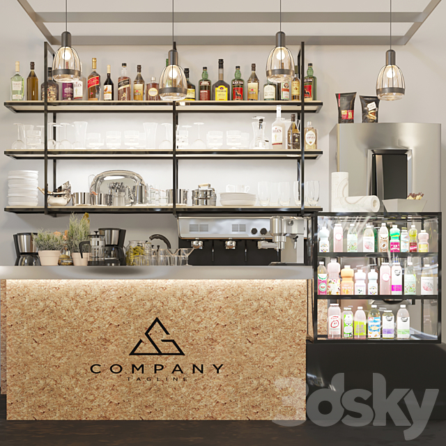 Minimalistic design of a pub with strong alcohol and a coffee machine. Cocktail 3ds Max - thumbnail 1