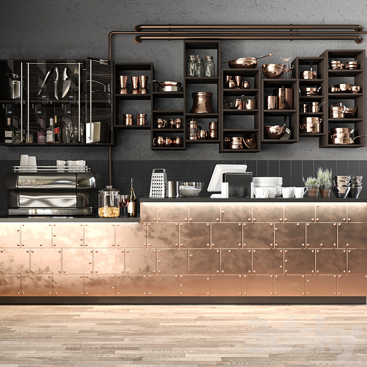 The bar counter in the restaurant with a copper decor and a coffee machine. Tableware 3DS Max - thumbnail 1