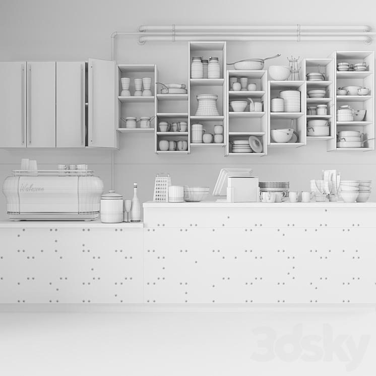 The bar counter in the restaurant with a copper decor and a coffee machine. Tableware 3DS Max - thumbnail 2