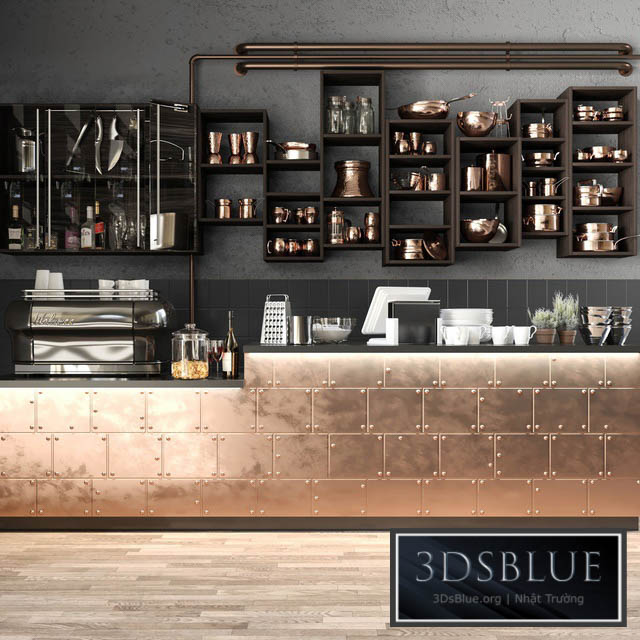 The bar counter in the restaurant with a copper decor and a coffee machine. Tableware 3DS Max - thumbnail 3