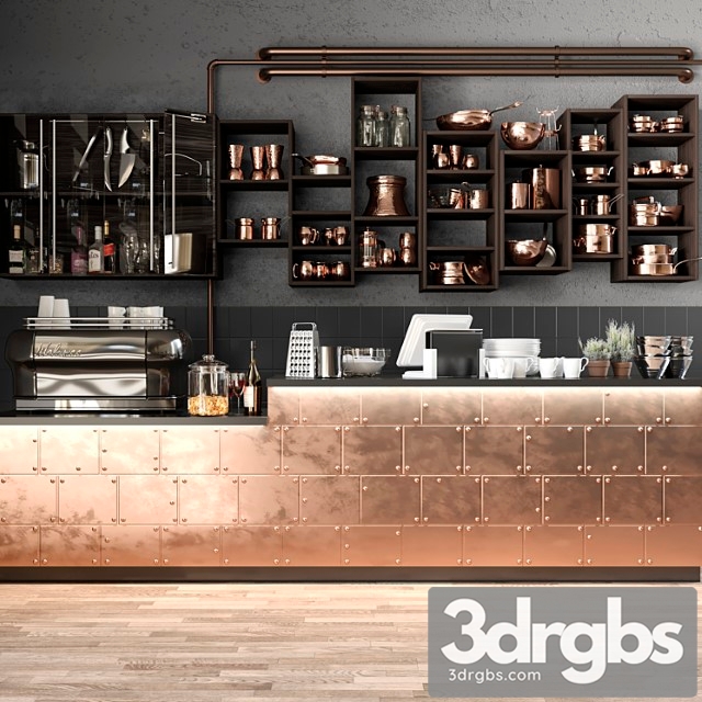 The Bar Counter In The Restaurant With A Copper Decor and A Coffee Machine Tableware 3dsmax Download - thumbnail 1