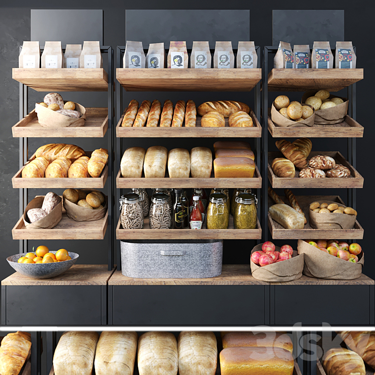 A large showcase in a bakery with bread and other products. Bakery products 3DS Max - thumbnail 1