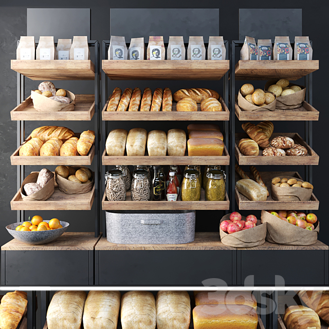 A large showcase in a bakery with bread and other products. Bakery products 3DSMax File - thumbnail 1