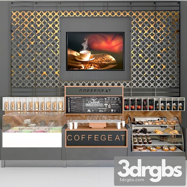 Design project of a cafe with a panel and a refrigerator with desserts and sweets. coffee house 3dsmax Download - thumbnail 1