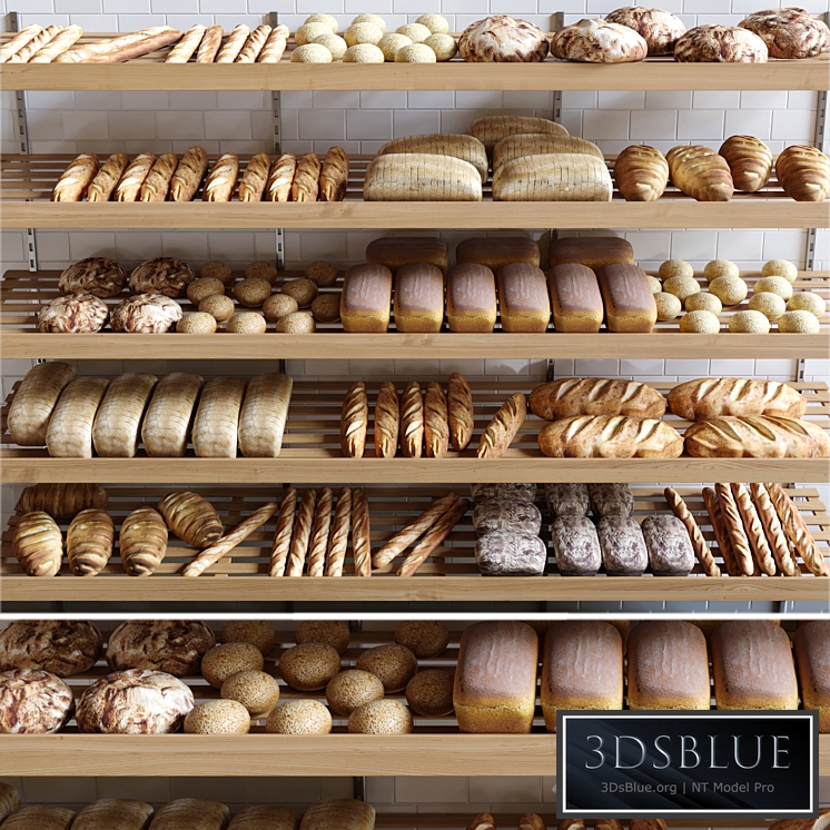 Rack with pastries in a bakery with bread loaf and buns. 3DS Max - thumbnail 3