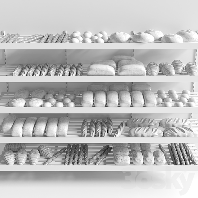 Rack with pastries in a bakery with bread loaf and buns. 3DS Max Model - thumbnail 2