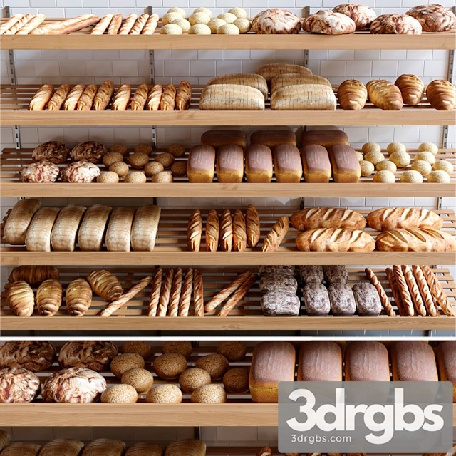 Rack with pastries in a bakery with bread loaf and buns. 3dsmax Download - thumbnail 1