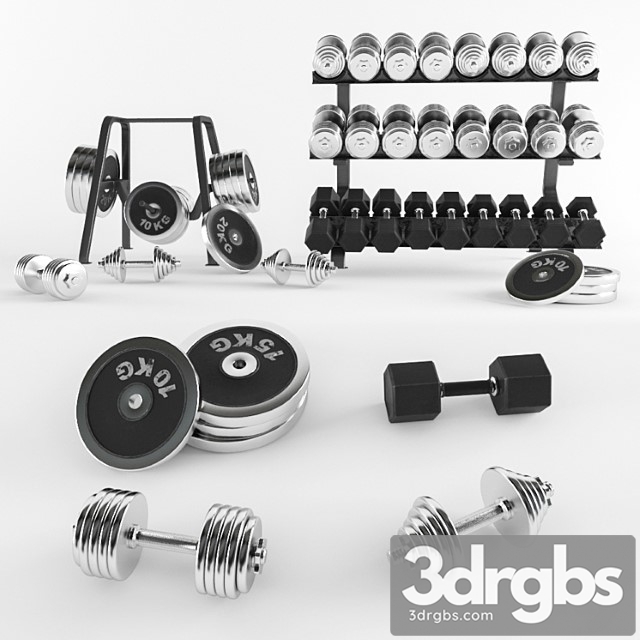 A Set Of Sports Dumbbells and Pancakes on the Racks 3dsmax Download - thumbnail 1