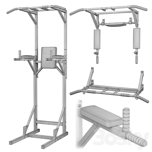 Set – wall horizontal bar horizontal bar 3 in 1 and full horizontal bar-bars-press 3DS Max Model - thumbnail 6