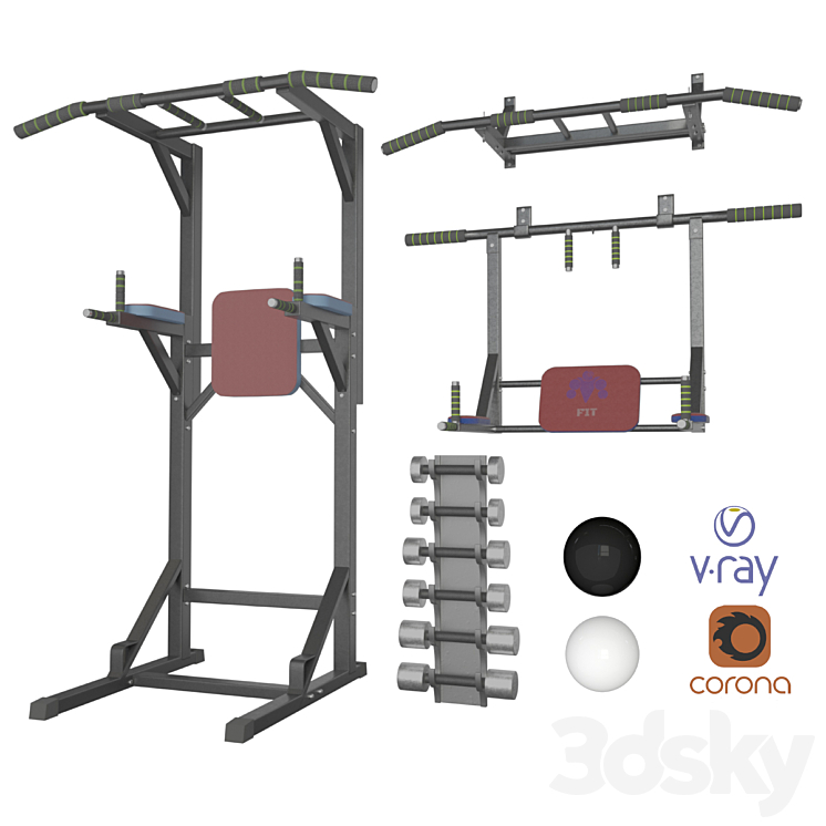 Wall horizontal bar horizontal bar 3 in 1 and Dumbbells 3DS Max Model - thumbnail 1